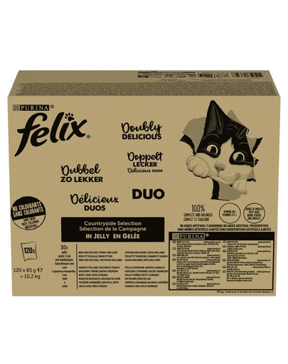 FELIX Fantastic DUO Mix Saveurs Campagnardes en gelée bœuf et volaille, dinde et foie, poulet et rognons, canard et agneau 120×85 g