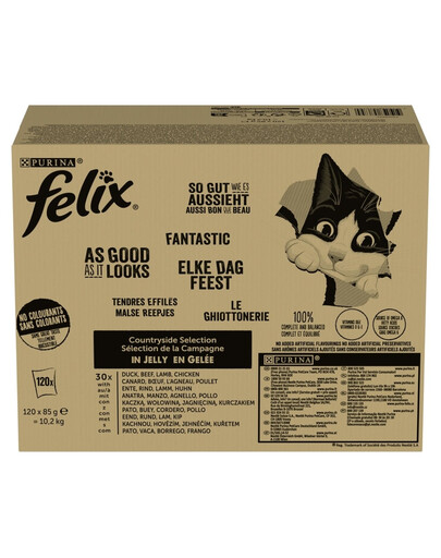 FELIX Fantastic Saveurs Campagnardes en gelée Mix de viandes bœuf, poulet, canard et agneau 120×85 g