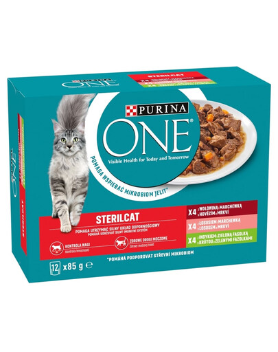 PURINA ONE Sterilcat Pâtée avec du bœuf et des carottes, avec du saumon et des carottes, avec de la dinde et des haricots verts pour chats stérilisés 12x85g