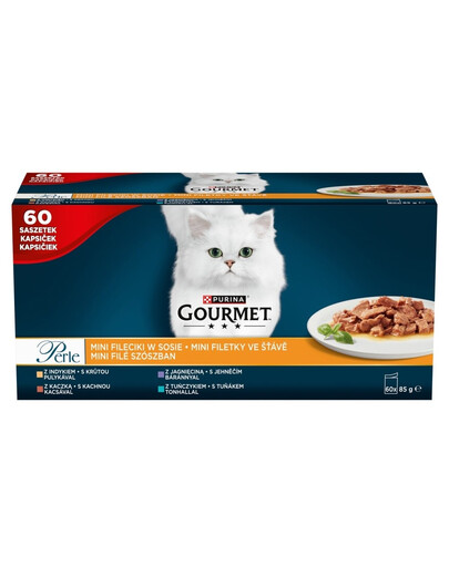 GOURMET Perle Mini Filets en sauce Dinde, canard, agneau & thon, pâtée pour chat 60×85 g