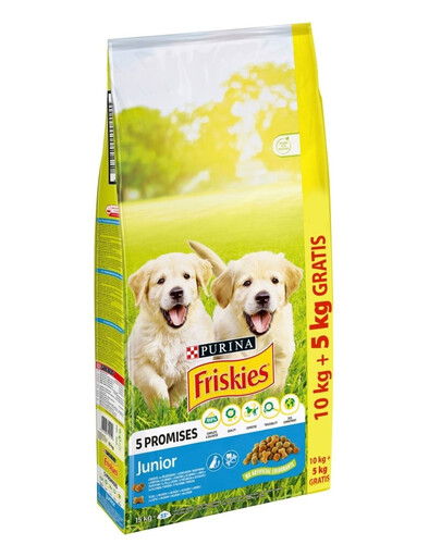 FRISKIES 5 Promises Junior Poulet, lait & légumes, croquettes pour chiot 10+5 kg