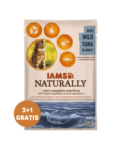 IAMS Naturally Adult Cat with Wild Tuna in Gravy tuna in sauce 3 x 85 g + 1 GRATUITS