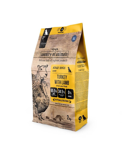 COUNTRY OF ANIMALS Dog Turkey with Lamb M dinde avec agneau, nourriture sèche pour chiens 2 kg