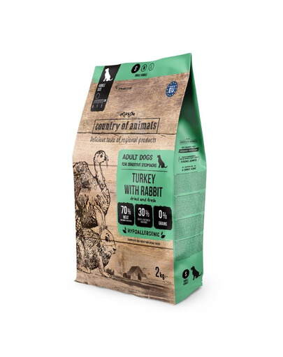 COUNTRY OF ANIMALS Dog Turkey with Rabbit S dinde avec lapin, nourriture sèche pour chiens 2 kg
