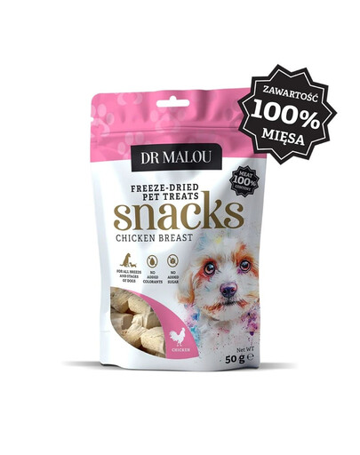 DR MALOU Liofilisé Morceaux de poitrine de poulet 100% friandises pour chiens 2×50 g