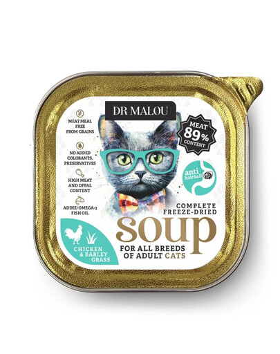 DR MALOU Soupe lyophilisée Poulet avec herbe d’orge nourriture humide pour chat 12 g