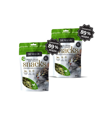 DR MALOU Liofilisé Morceaux de poulet et d’herbe d’orge friandises pour chats 2×50 g