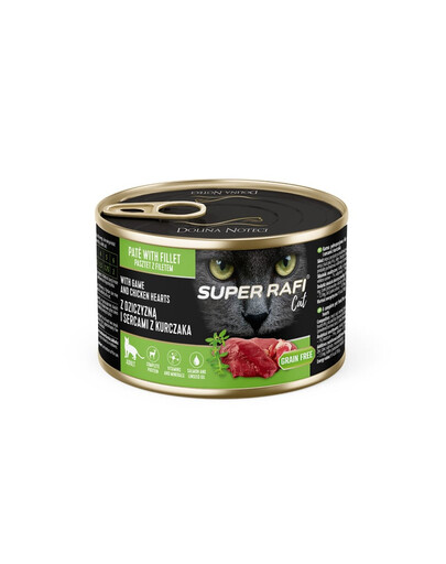 SUPER RAFI nourriture humide pour chat au gibier et aux cœurs de poulet 185 g