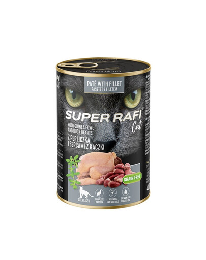 SUPER RAFI nourriture humide pour chats stérilisés à la pintade et aux cœurs de canard 400 g