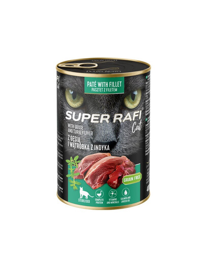 SUPER RAFI nourriture humide pour chats stérilisés à l’oie et au foie de dinde 400 g