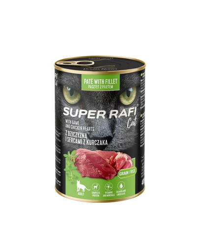 SUPER RAFI nourriture humide pour chat au gibier et aux cœurs de poulet 400 g