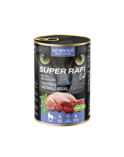 SUPER RAFI nourriture humide pour chat à la caille et au foie de lapin 400 g
