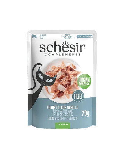 SCHESIR Complements Thon et merlu en gelée, sachet de nourriture humide complémentaire pour chats, 70 g
