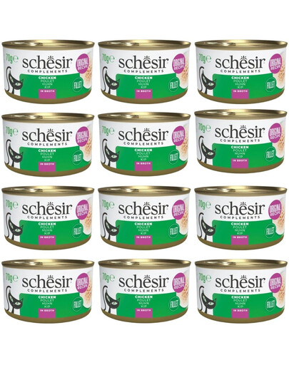 SCHESIR Poulet au riz en bouillon pour chats, 12 x 70 g