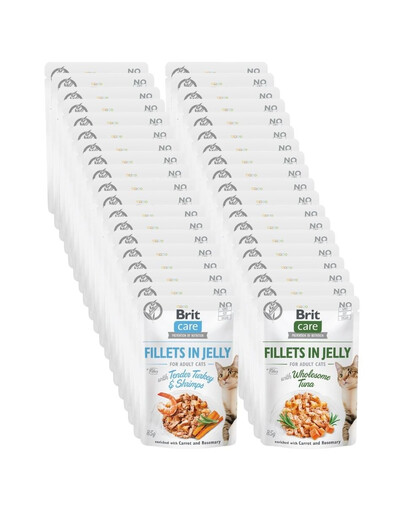 BRIT Care Fillets in Jelly, assortiment de saveurs : dinde et crevettes, thon, pour chat, 48 x 85 g