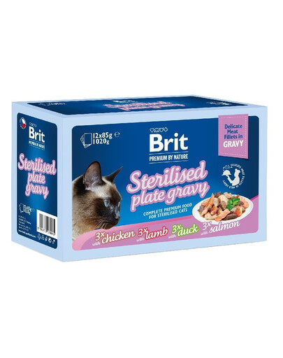 BRIT Premium by Nature Cat Delicate Fillets in Gravy Family Plate Sterilised : nourriture humide en sauce pour chats adultes stérilisés, 24 x 85 g