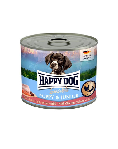 HAPPY DOG Sensible Puppy Junior Poulet, saumon et pomme de terre – nourriture humide pour chiots et jeunes chiens – 200 g
