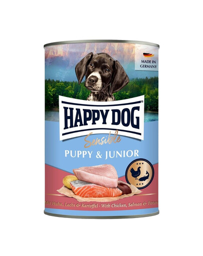 HAPPY DOG Sensible Puppy Junior Poulet, Saumon et Pommes de Terre nourriture humide pour chiots et jeunes chiens 400g