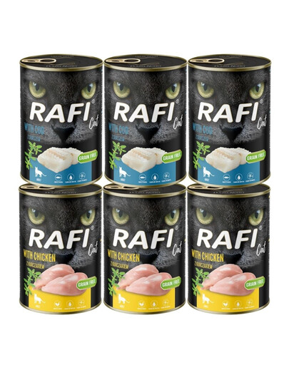 RAFI Cat Adult Mix aux saveurs de morue et de poulet, nourriture humide pour chats, 6 x 400 g