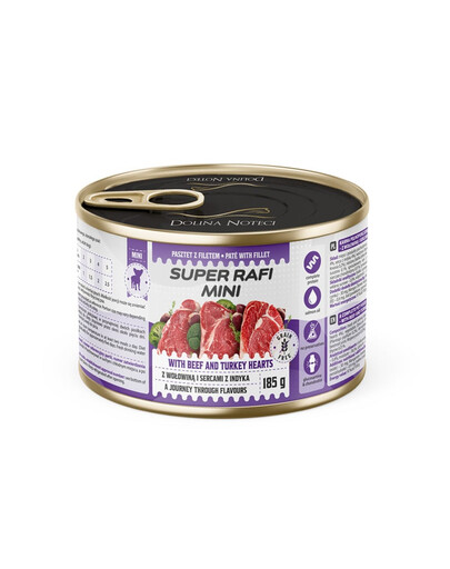 SUPER RAFI Mini nourriture humide pour chiens de petites races au bœuf et aux cœurs de dinde 185 g