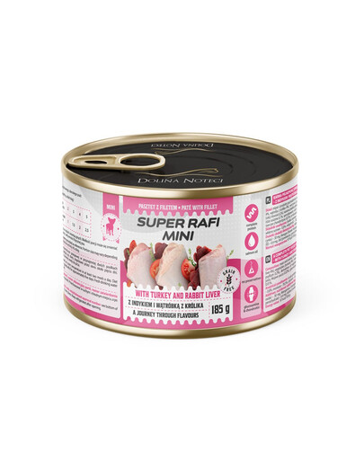 SUPER RAFI Mini nourriture humide pour chiens de petites races à la dinde et au foie de lapin 185 g