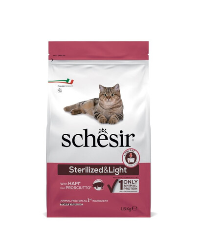 SCHESIR Original Sterilized and Light Jambon : croquettes pour chat stérilisé, faciles à digérer, 1,5 kg