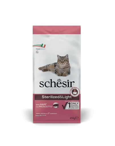 SCHESIR Original Sterilized and Light Jambon : croquettes pour chat stérilisé, faciles à digérer, 10 kg