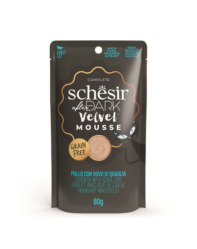 SCHESIR After Dark Velvet Mousse Poulet aux œufs de caille, sachet de nourriture humide pour chats, 80 g