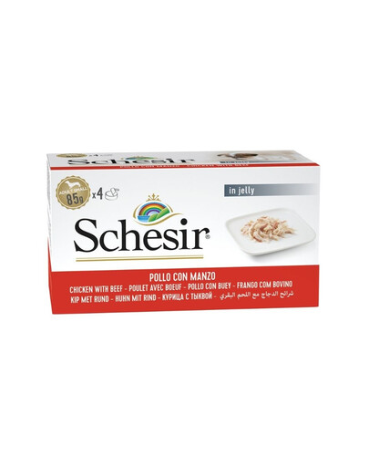 SCHESIR Poulet et bœuf en gelée, nourriture humide pour chiens, 4 x 85 g