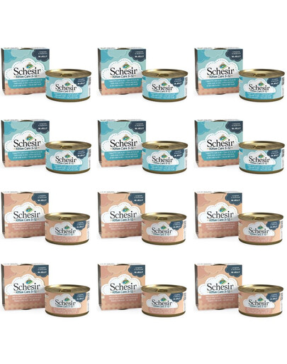 SCHESIR Assortiment pour chat, mélange de saveurs, 12 x 85 g (poulet + thon)