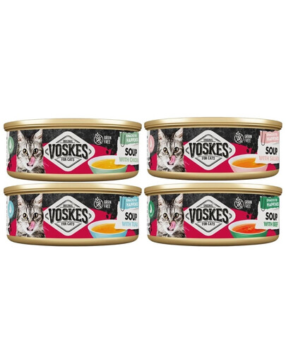 VOSKES Soup Mix : assortiment de soupes au bœuf, au poulet, au saumon et au thon pour chats, 4 x 50 g