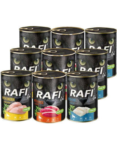 RAFI Cat Adult Mix aux saveurs de morue, de poulet et de canard, nourriture humide pour chats, 9 x 400 g