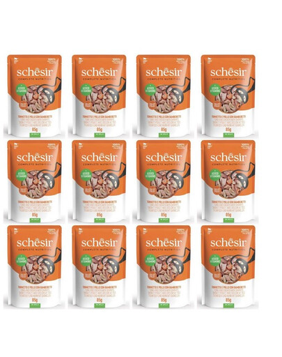 SCHESIR Thon, poulet et crevette en gelée pour chats 12×85 g