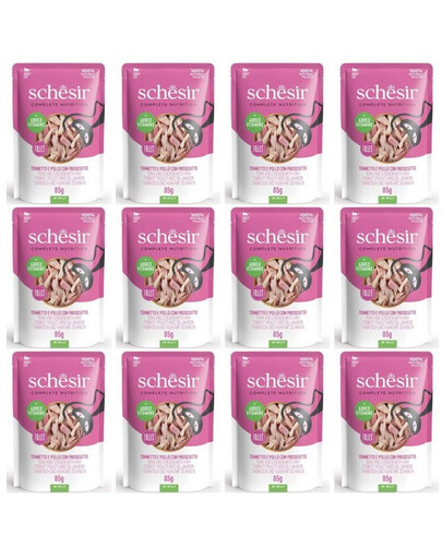 SCHESIR Thon et poulet au jambon en gelée pour chats, 12 x 85 g