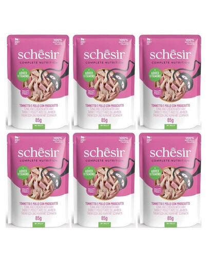 SCHESIR Thon et poulet au jambon en gelée pour chats, 6 x 85 g