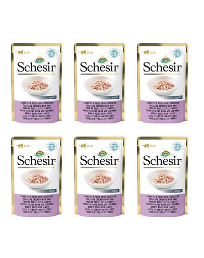 SCHESIR Thon, poulet et jambon en gelée pour chats 6×50 g