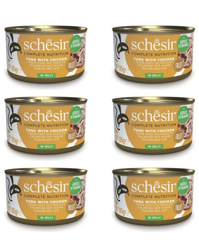 SCHESIR Thon et filets de poulet en gelée pour chats, 6 x 85 g