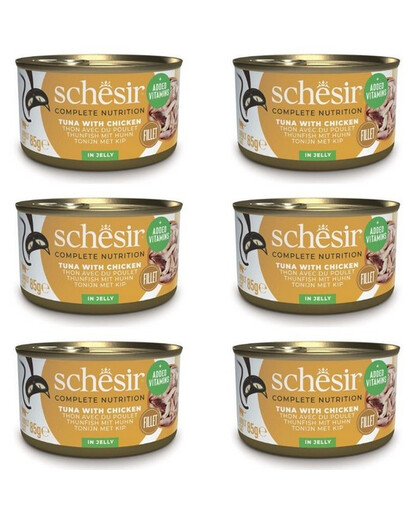 SCHESIR Thon et filets de poulet en gelée pour chats, 12 x 85 g