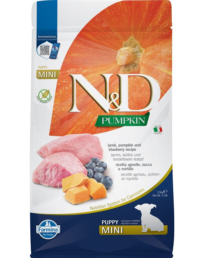 FARMINA N&D Pumpkin Dog Puppy Mini 2,5 kg agneau & myrtille pour chiots de petites races + FARMINA N&D Pumpkin Dental Treat Chicken & Pomegranate Mini 60 g (7 pcs) GRATUIT