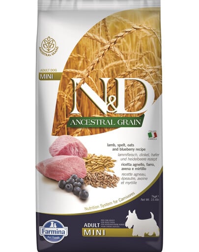 FARMINA N&D Ancestral Grain Dog Adult Mini 7 kg agneau & myrtille pour chiens adultes de petites races + FARMINA N&D Quinoa Dental Treat Flatulence Mini 60 g (7 pcs) GRATUIT