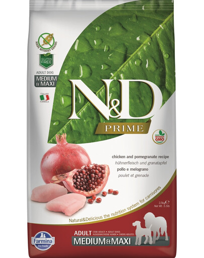 FARMINA N&D Prime Dog Adult Medium & Maxi 12 kg poulet & grenade pour chiens adultes + 2 × FARMINA N&D Quinoa Dental Treat Fresh Breath Medium/Maxi 100 g (7 pcs) GRATUIT