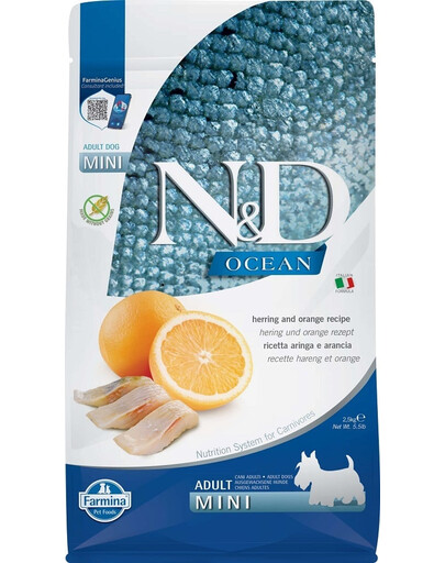 FARMINA N&D Ocean Dog Adult Mini 2,5 kg hareng & orange pour chiens adultes de petites races + FARMINA N&D Quinoa Dental Treat Digestion Mini 60 g (7 pcs) GRATUIT