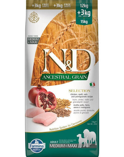 FARMINA N&D Ancestral Selection Dog Adult Medium & Maxi 15 kg poulet & grenade pour chiens adultes + 2 × FARMINA N&D Tropical Selection Dental Treat Pork Medium/Maxi 100 g (7 pcs) GRATUIT