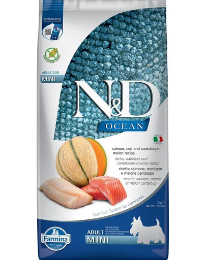 FARMINA N&D Ocean Dog Adult Mini 7 kg saumon, cabillaud & melon cantaloup pour chiens adultes de petites races + FARMINA N&D Tropical Selection Dental Treat Chicken Mini 60 g (7 pcs) GRATUIT