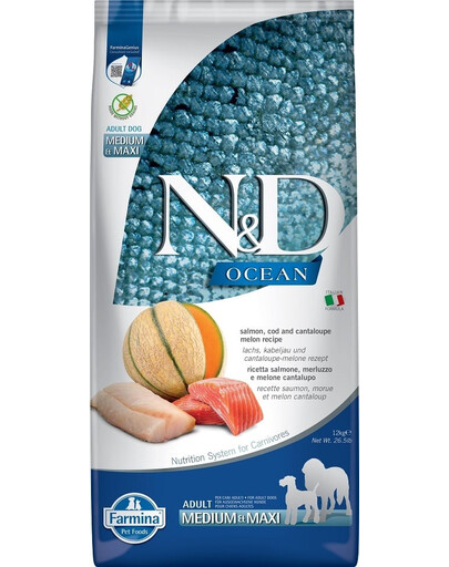 FARMINA N&D Ocean Dog Adult Medium & Maxi 12 kg saumon, cabillaud, potiron, melon cantaloup + 2 × FARMINA N&D Quinoa Dental Treat Weight Management Medium/Maxi GRATUIT