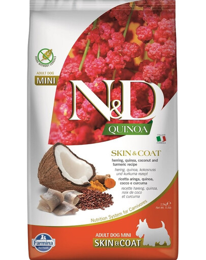 FARMINA N&D Quinoa Dog Skin & Coat Adult Mini hareng & coco 2,5 kg + FARMINA N&D Quinoa Dental Treat Skin & Coat Herring Mini 60 g (7 pcs) GRATUIT