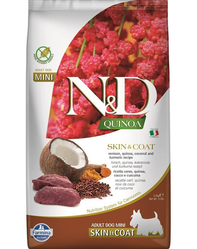 FARMINA N&D Quinoa Dog Skin & Coat Adult Mini venaison & coco 2,5 kg + FARMINA N&D Quinoa Dental Treat Skin & Coat Venison Mini 60 g GRATUIT