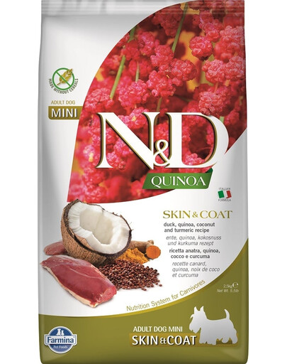 FARMINA N&D Quinoa Dog Mini Skin & Coat 2,5 kg canard & coco + FARMINA N&D Quinoa Dental Treat Skin & Coat Duck Mini 60 g GRATUIT