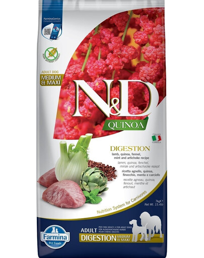 FARMINA N&D Quinoa Dog Adult Medium & Maxi Digestion Agneau & Fenouil 7 kg + FARMINA N&D Quinoa Dental Treat Digestion Medium/Maxi GRATUIT