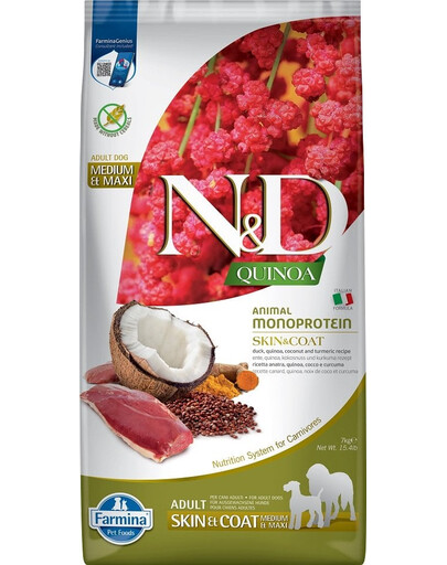 FARMINA N&D Quinoa Dog Skin & Coat Duck & Coconut Adult Medium & Maxi 7 kg + FARMINA N&D Quinoa Dental Treat Skin & Coat Herring Medium/Maxi 100 g (7 pcs) GRATUIT